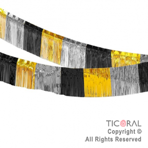 GUIRNALDA BANDERIN FLECOS COMBINADO ORO NEGRO Y PLATA 25 CM X 2 MTS X 1